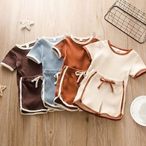 Baby Boys' Clothing Set Basic Cotton Khaki Brown Beige Solid Colored Patchwork Short Sleeve Regular  Summer Lightinthebox