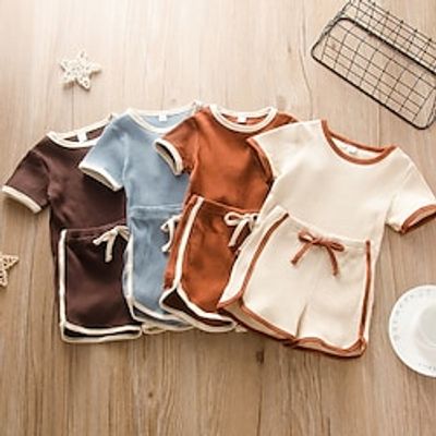 Baby Boys' Clothing Set Basic Cotton Khaki Brown Beige Solid Colored Patchwork Short Sleeve Regular  Summer Lightinthebox