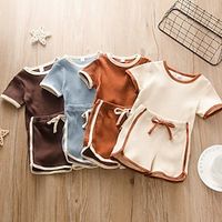 Baby Boys' Clothing Set Basic Cotton Khaki Brown Beige Solid Colored Patchwork Short Sleeve Regular  Summer Lightinthebox - thumbnail