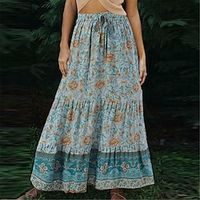 Women's Skirt A Line Swing Maxi Polyester Yellow Navy Blue Blue Skirts Summer Print High Waist Bohemia Casual Boho Holiday Vacation S M L Lightinthebox