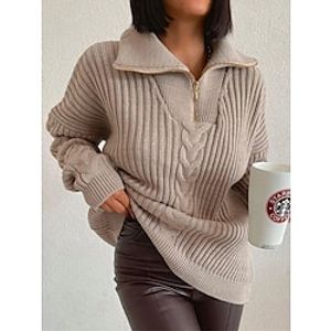 Women's Zipper Shirt Collar Pullover Sweater Jumper Cable Knit Polyester Knitted Fall Winter Regular Outdoor Daily Going out Streetwear Stylish Casual Long Sleeve Color Block Black Khaki S M L Lightinthebox