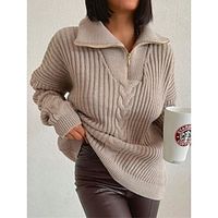 Women's Zipper Shirt Collar Pullover Sweater Jumper Cable Knit Polyester Knitted Fall Winter Regular Outdoor Daily Going out Streetwear Stylish Casual Long Sleeve Color Block Black Khaki S M L Lightinthebox - thumbnail