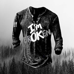 Men's T shirt Tee Henley Shirt Tee Graphic Letter Henley Black 3D Print Plus Size Outdoor Daily Long Sleeve Button-Down Print Clothing Apparel Basic Designer Classic Comfortable / Sports miniinthebox