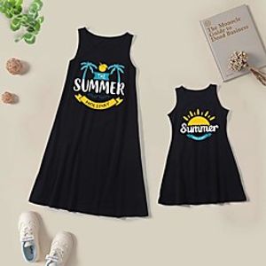 Mommy and Me Dresses Cotton Letter Print Black Sleeveless Knee-length Cute Matching Outfits / Long miniinthebox