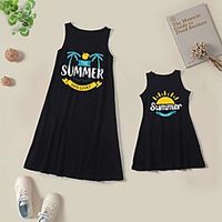 Mommy and Me Dresses Cotton Letter Print Black Sleeveless Knee-length Cute Matching Outfits / Long miniinthebox - thumbnail