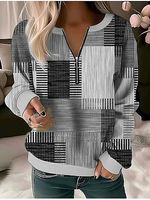 Women's Retro Contrasting Color Stitching Printed Zipper V-neck Casual Sweatshirt