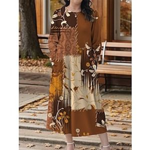 Women's Plus Size Curve Casual Dress Winter Dress Leaf Floral Midi Dress Long Sleeve Pocket Print Crew Neck Mature Outdoor Brown Green Fall Winter L XL XXL 2XL 3XL Lightinthebox