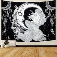 Moon Mermaid Tapestry Psychedelic Black White Tapestry Bohemian Dreamcatcher Wall Tapestry Starry Night Galaxy Stars Tapestry for Bedroom Dorm Decor miniinthebox - thumbnail