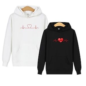 Couple's Hoodie Sweatshirt Pullover Heart Valentine's Day Active Sportswear Print Drawstring Front Pocket Black White Red Casual Sports Hooded Long Sleeve Top Micro-elastic Spring   Fall Lightinthebox
