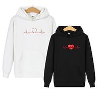 Couple's Hoodie Sweatshirt Pullover Heart Valentine's Day Active Sportswear Print Drawstring Front Pocket Black White Red Casual Sports Hooded Long Sleeve Top Micro-elastic Spring   Fall Lightinthebox - thumbnail