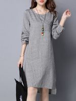 Casual Plaid Split Irregular Hem Long Sleeve O-Neck Dress