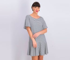 Womens Short Sleeve Stripe Fit & Flare Dress  Navy/White