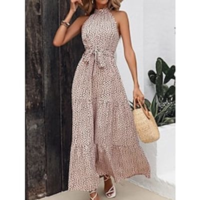 Women's Long Dress Maxi Dress Casual Dress Swing Dress Summer Dress Leopard Fashion Modern Daily Holiday Vacation Lace up Print Sleeveless Halter Dress Loose Fit Khaki Summer Spring S M L XL XXL Lightinthebox