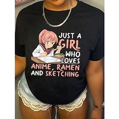 Plus Size Casual T-shirt, Women's Plus Anime  Letter Print Short Sleeve Round Neck Slight Stretch T-shirt Lightinthebox