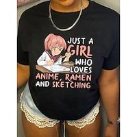 Plus Size Casual T-shirt, Women's Plus Anime Letter Print Short Sleeve Round Neck Slight Stretch T-shirt miniinthebox