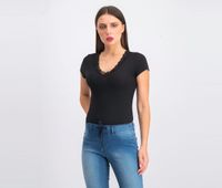 Womens Rib Lace Bodysuit  Black - thumbnail