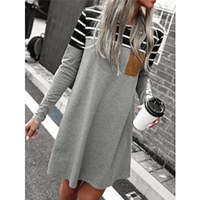 Women's Casual Dress T Shirt Dress Tee Dress Stripe Print Pocket Crew Neck Mini Dress Active Fashion Outdoor Daily Long Sleeve Regular Fit Gray Fall Winter S M L XL XXL Lightinthebox