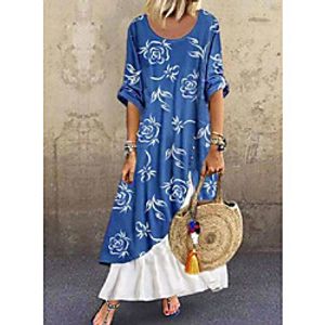 Women's Swing Dress Maxi long Dress Blue Half-Sleeve Floral Print Patchwork Fake two piece Print Spring Summer Round Neck Casual Holiday Loose 2021 S M L XL XXL XXXL miniinthebox