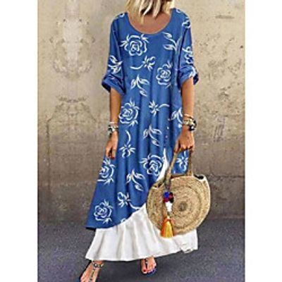 Women's Swing Dress Maxi long Dress Blue Half-Sleeve Floral Print Patchwork Fake two piece Print Spring Summer Round Neck Casual Holiday Loose 2021 S M L XL XXL XXXL miniinthebox