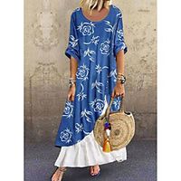 Women's Swing Dress Maxi long Dress Blue Half-Sleeve Floral Print Patchwork Fake two piece Print Spring Summer Round Neck Casual Holiday Loose 2021 S M L XL XXL XXXL miniinthebox - thumbnail