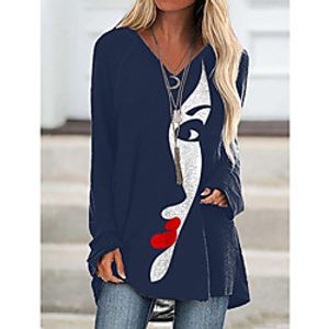 Women's Painting T shirt Graphic Portrait Long Sleeve V Neck Basic Tops Gray Khaki Black Lightinthebox