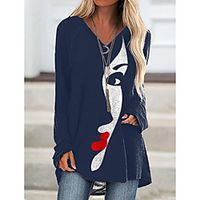 Women's Painting T shirt Graphic Portrait Long Sleeve V Neck Basic Tops Gray Khaki Black Lightinthebox - thumbnail