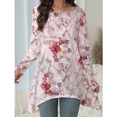 Women's Shirt Blouse Floral Yellow Pink Blue Print Asymmetric Hem Long Sleeve Casual Fashion Round Neck Regular Fit Spring Lightinthebox