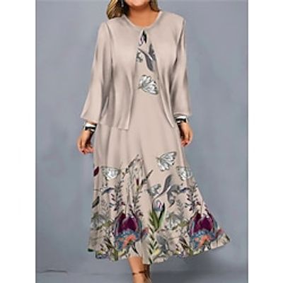 Women's Plus Size Curve Casual Dress Dress Set Two Piece Dress Floral Midi Dress Long Sleeve Print Crew Neck Fashion Outdoor Pink Blue Fall Winter L XL XXL 3XL 4XL Lightinthebox