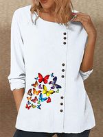 Round Neck Casual Loose Butterfly Print Long Sleeve Blouse