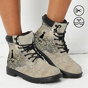 Women's Boots Print Shoes Combat Boots Animal Print Outdoor Daily Cat Booties Ankle Boots Flat Heel Fashion Casual Faux Leather Khaki miniinthebox