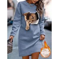 Women's Sweatshirt Dress Casual Dress Mini Dress Sherpa Fleece Lined Warm Outdoor Going out Weekend Crew Neck Print Cat Loose Fit Black Pink Dark Pink S M L XL XXL Lightinthebox - thumbnail