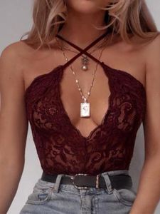 YOINS Burgundy Lace Deep V Neck Sleeveless Bodysuit