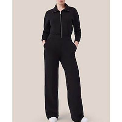 Women's Romper Zipper Solid Color Peter Pan Collar Zipper Front Daily Straight Regular Fit Long Sleeve Bishop Sleeve Black Wine Army Green XS S M Spring Lightinthebox