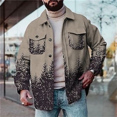 Trees Vintage Men's Shirt Shirt Jacket Shacket Outdoor Street Casual Daily Fall  Winter Turndown Long Sleeve khaki Gray S M L Shirt Lightinthebox