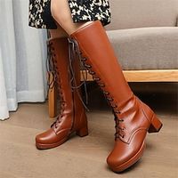 Women's Boots Combat Boots Plus Size Work Boots Outdoor Daily Knee High Boots Lace-up Chunky Heel Round Toe Vintage Casual Minimalism Faux Leather Zipper Black White Pink miniinthebox