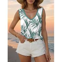 Women's Tank Top Leaves Vacation Print Green Sleeveless Hawaiian V Neck Summer Lightinthebox