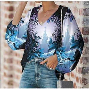 Women's Blouse Graphic Animal Casual Daily Holiday Blouse Long Sleeve Print V Neck Casual Black Blue Gray S / 3D Print miniinthebox