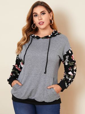 YOINS Plus Size Pullover Floral Print Hooded Design Long Sleeves Sweatshirt