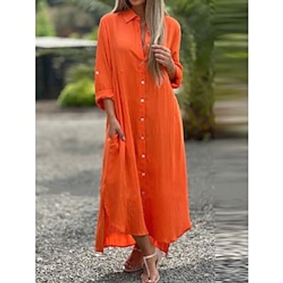 Women's Shirt Dress Casual Dress Cotton Linen Dress Maxi long Dress Linen Cotton Blend Fashion Basic Outdoor Daily Holiday Shirt Collar Button Pocket Long Sleeve Fall Winter Autumn 2023 Loose Fit Lightinthebox