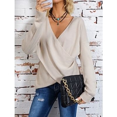 Women's Pullover Sweater Jumper V Neck Ribbed Knit Polyester Criss Cross Fall Winter Regular Outdoor Daily Going out Stylish Casual Soft Long Sleeve Solid Color Khaki S M L Lightinthebox