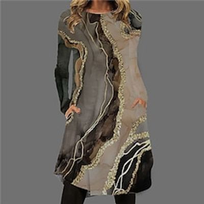 Women's Casual Dress T Shirt Dress Tee Dress Midi Dress Khaki Long Sleeve Color Gradient Pocket Print Winter Fall Crew Neck Vacation Casual Fall Dress 2022 S M L XL XXL 3XL / Winter Dress miniinthebox