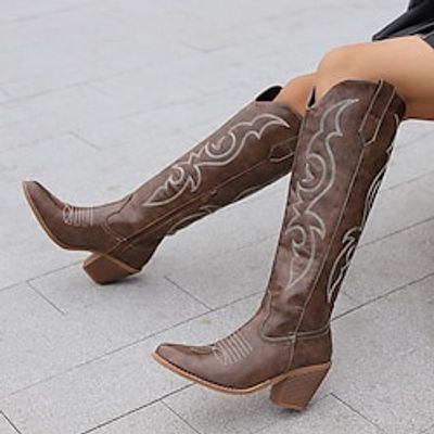 Women's Boots Cowboy Boots Party Knee High Boots Embroidery Chunky Heel Pointed Toe Bohemia PU Embroidered Black White Brown Lightinthebox