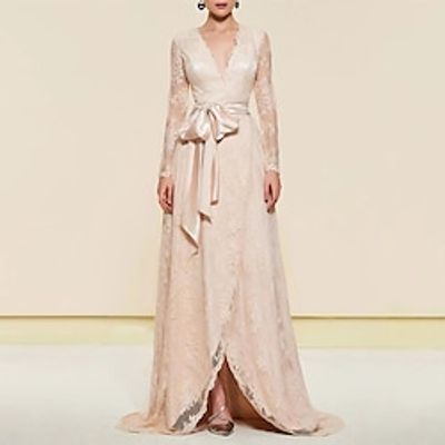 A-Line Evening Gown Elegant Dress Formal Sweep  Brush Train Long Sleeve V Neck Lace with Appliques Strappy 2023 Lightinthebox
