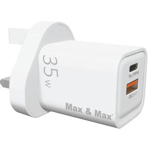 Max & Max GaN Dual Port Charger 35 Watts White | GaN Fast Charging, Dual Port PD+QC 3.0 Output, Fireproof Material, Smart Intelligent Chip