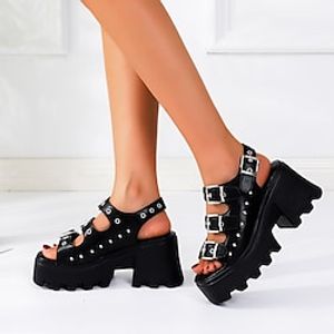 Women's Sandals Platform Sandals Ankle Strap Sandals Outdoor Daily Platform Chunky Heel Open Toe Casual Minimalism PU Leather Buckle Solid Color Black miniinthebox