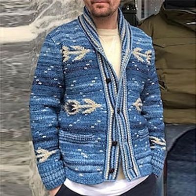 Tribal Geometry Bandana Print Retro Vintage Men's Button Knitting Print Cardigan Sweater Knitwear Cowichan cardigan sweater Outdoor Daily Vacation Long Sleeve V Neck Sweaters Blue Fall Winter S M L Lightinthebox