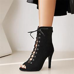 Women's Heels Sandals Boots Summer Boots Lace Up Boots Heel Boots Party Club Lace-up Stiletto Peep Toe Fashion Minimalism Faux Suede Zipper Almond Black Lightinthebox