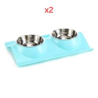 Pets Club Double Dining Pet Feedrer With Stainless Steel Bowl & Non Slip Rubber Bottom Blue - 38X25X7.5Cm (Pack of 2)