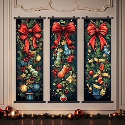 1pc Christmas Poster with Hangers Christmas Stocking Bells And Bownet Tree Painting Wall Art Canvas Posters Art For Home Living Room Decoration Wall Art Decor miniinthebox