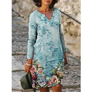 Women's Shift Dress Knee Length Dress Blue Long Sleeve Floral Patchwork Print Fall V Neck Boho 2021 S M L XL XXL 3XL Lightinthebox